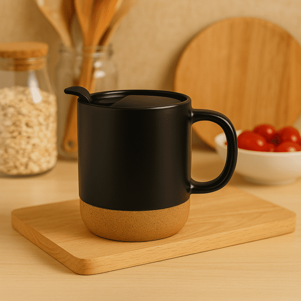 Ceramic Travel Mug with Cork Base, Black Matte Finish, Insulated Lid, 350ml