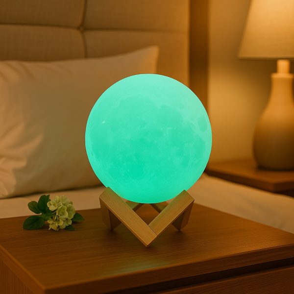 3D Moon Lamp Night Light With Wooden Stand, Warm Colour LED
